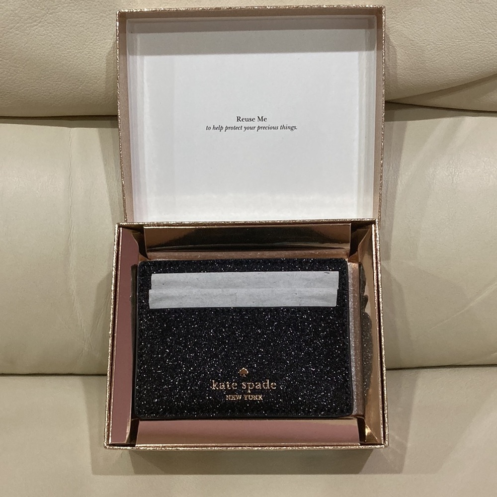 NWT Kate Spade Black Sparkle Glitter Glimmer Boxed Small Slim Card Holder Wallet - Picture 4 of 15